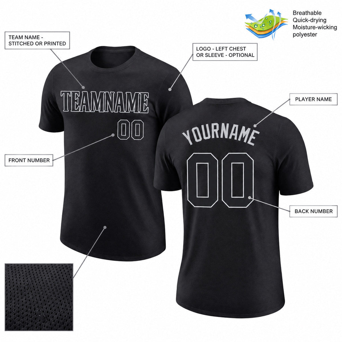 Custom Black Performance T-Shirt with Black and Gray Lettering customization guide