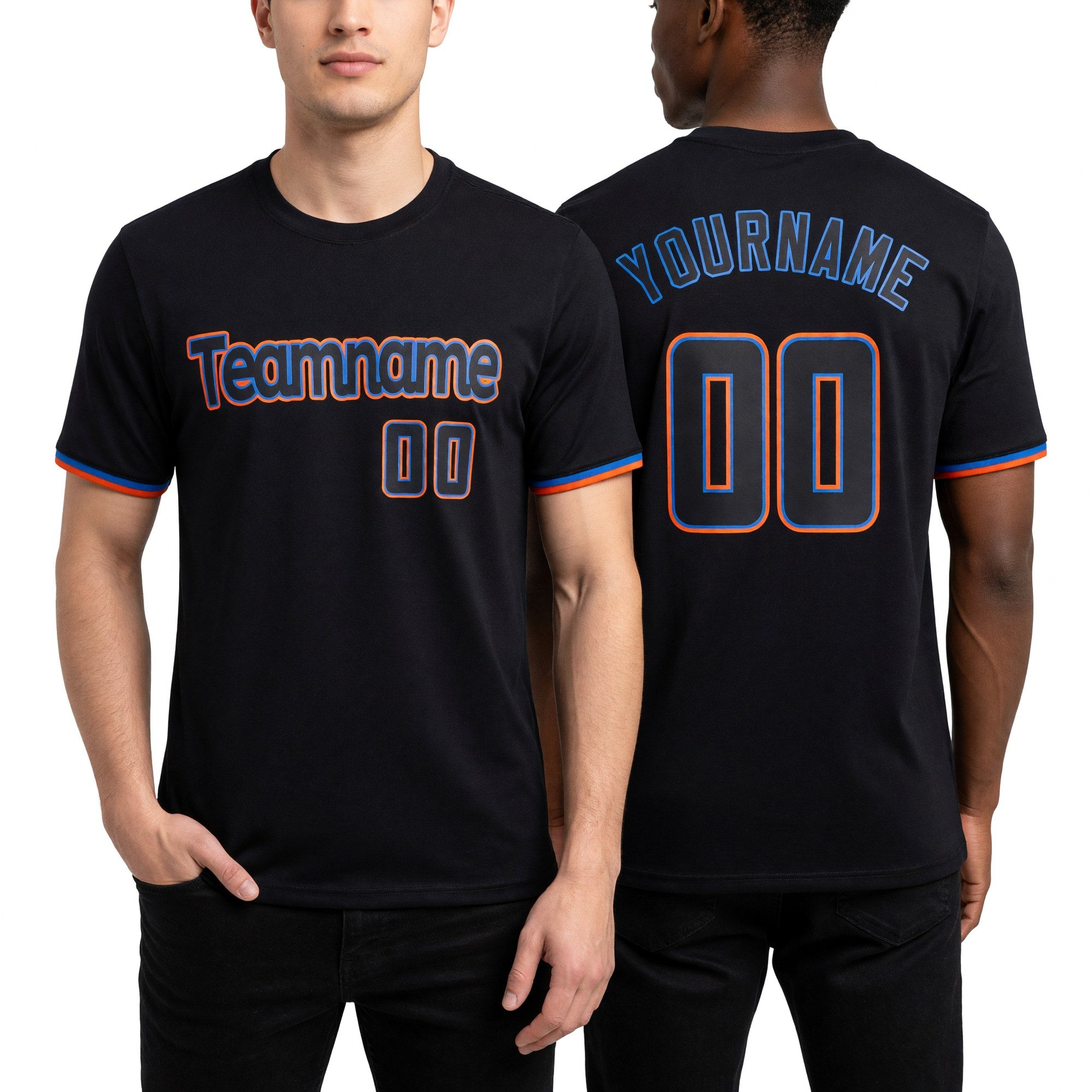 Custom Black Black-Powder Blue Performance T-Shirt worn front and back