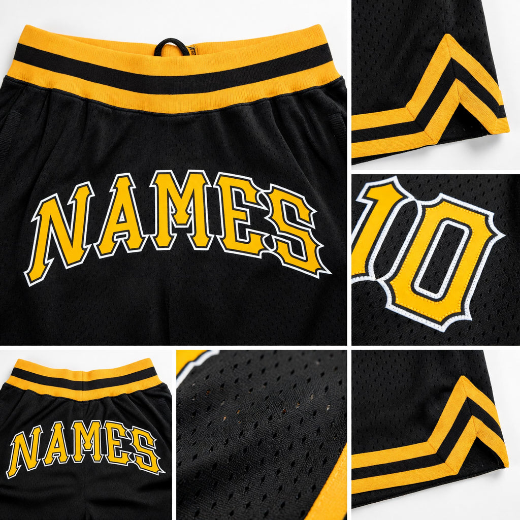 Custom Black Gold-White Authentic Throwback Basketball Shorts detail