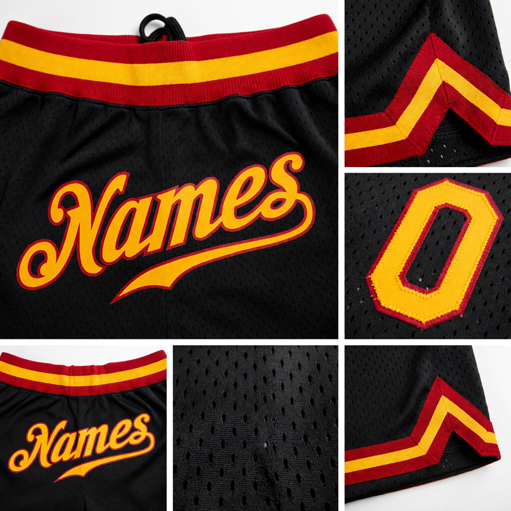 Custom Black Gold-Red Authentic Throwback Basketball Shorts detail