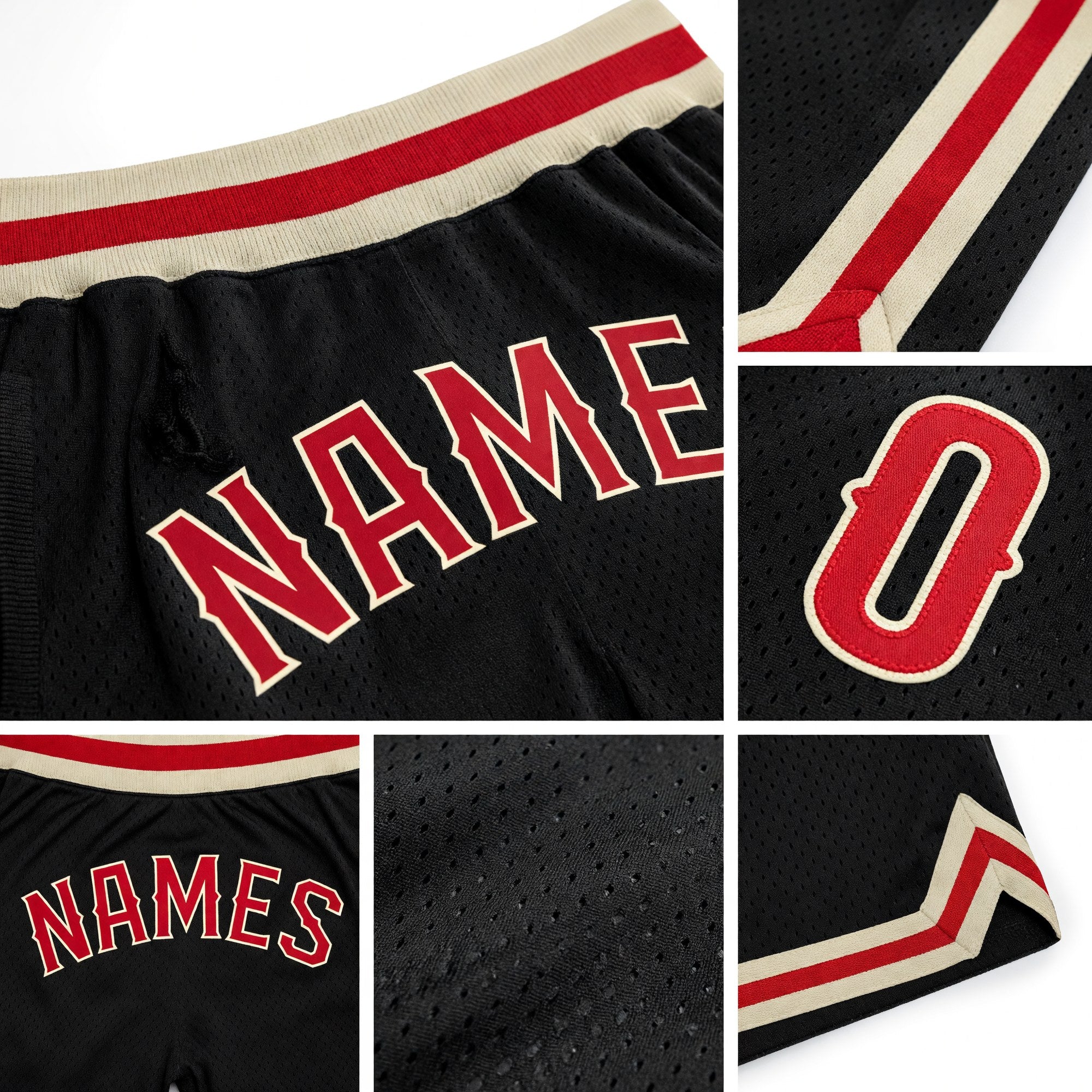 Custom Black Red-Cream Authentic Throwback Basketball Shorts detail