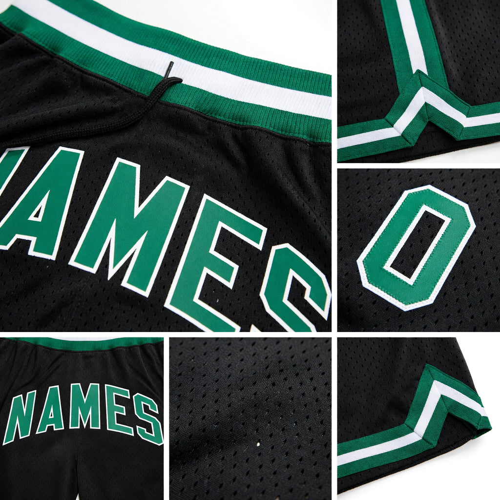 Custom Black Kelly Green-White Authentic Throwback Basketball Shorts detail