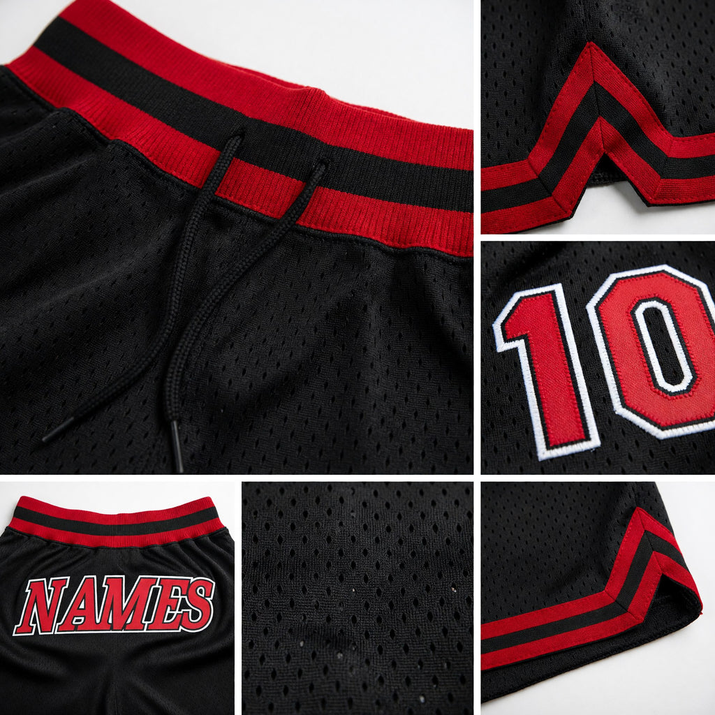 Custom Black Red-White Authentic Throwback Basketball Shorts detail