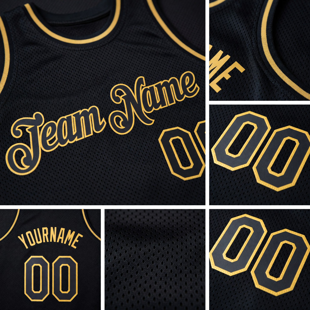 Custom Black Black-Old Gold Authentic Throwback Basketball Jersey detail