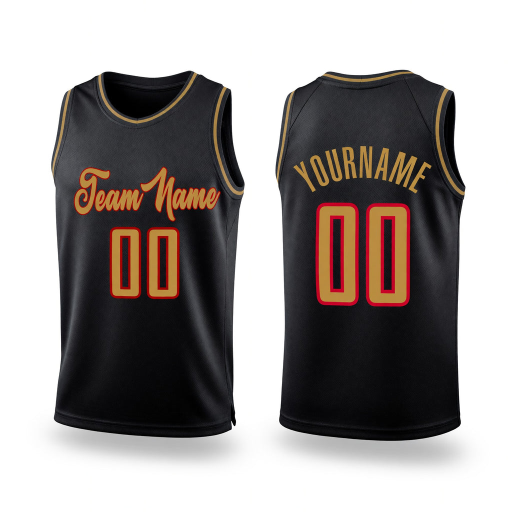 Custom Black Old Gold-Red Authentic Throwback Basketball Jersey