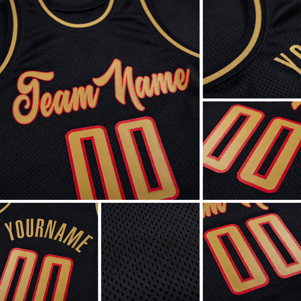 Custom Black Old Gold-Red Authentic Throwback Basketball Jersey detail