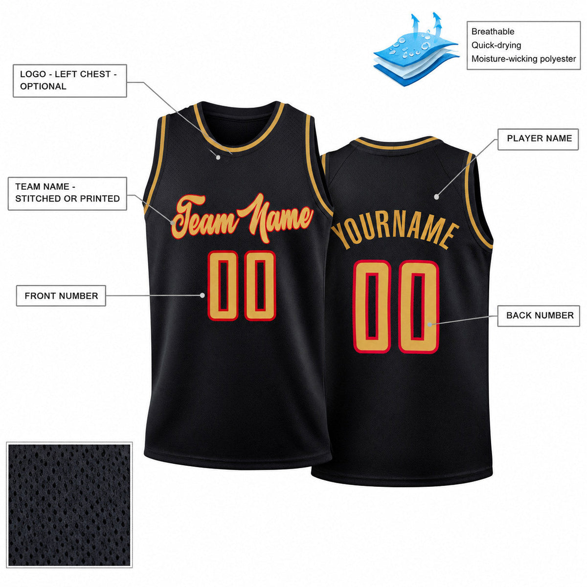Custom Black Authentic Throwback Basketball Jersey with Old Gold and Red Lettering customization guide