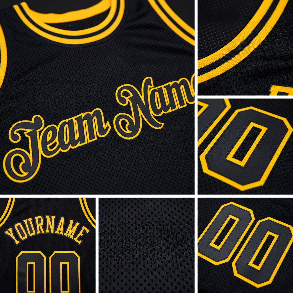 Custom Black Black-Gold Authentic Throwback Basketball Jersey detail