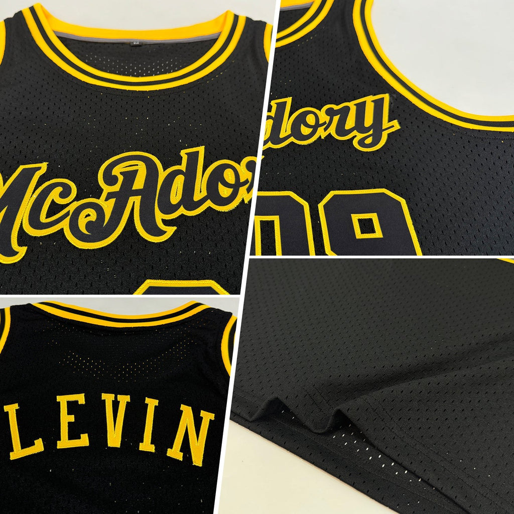 Custom Black Black-Gold Authentic Throwback Basketball Jersey photo 2
