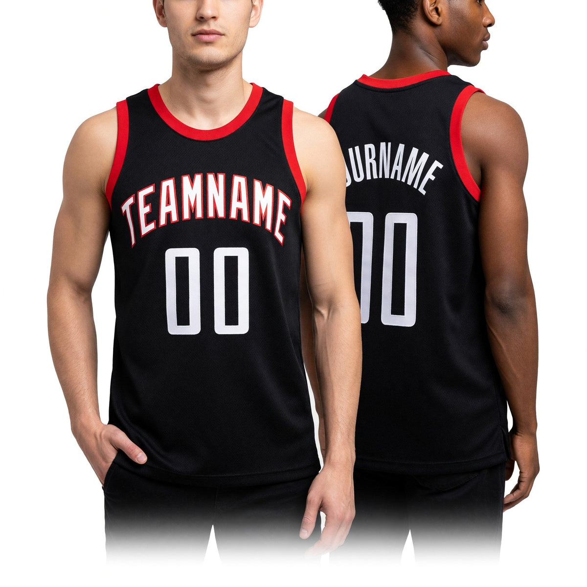 Custom Black White-Red Authentic Throwback Basketball Jersey worn front and back