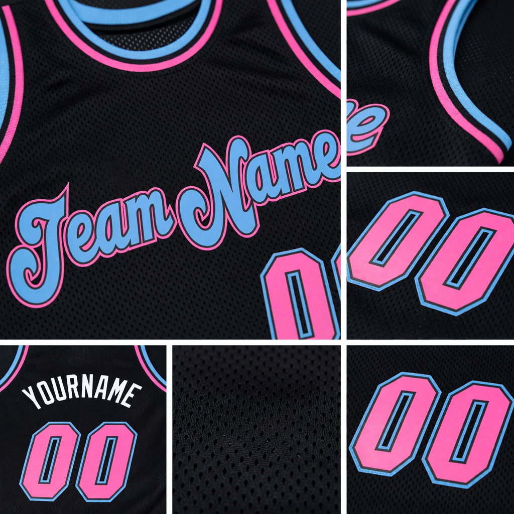Custom Black Pink-Light Blue Authentic Throwback Basketball Jersey detail