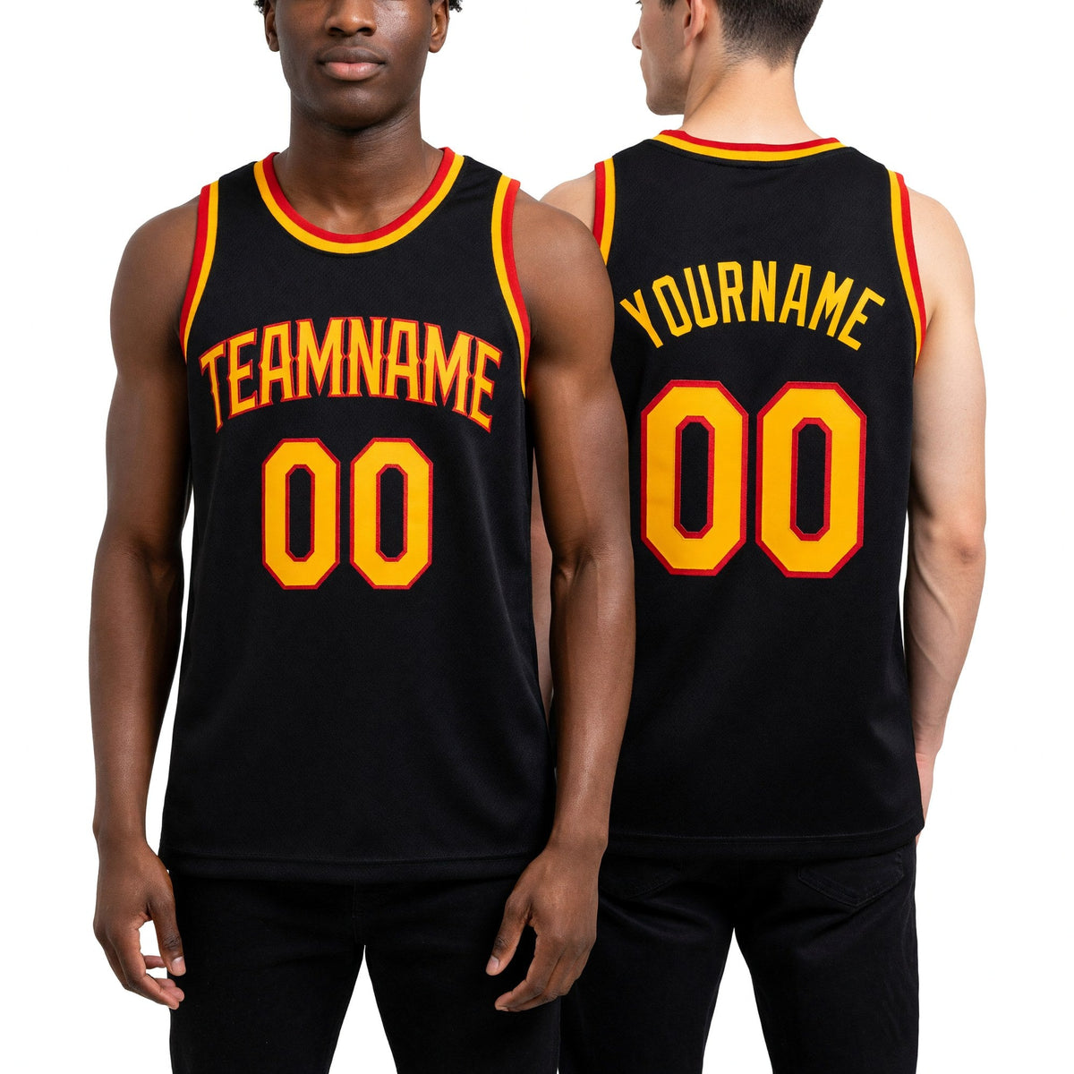 Custom Black Gold-Red Authentic Throwback Basketball Jersey worn front and back