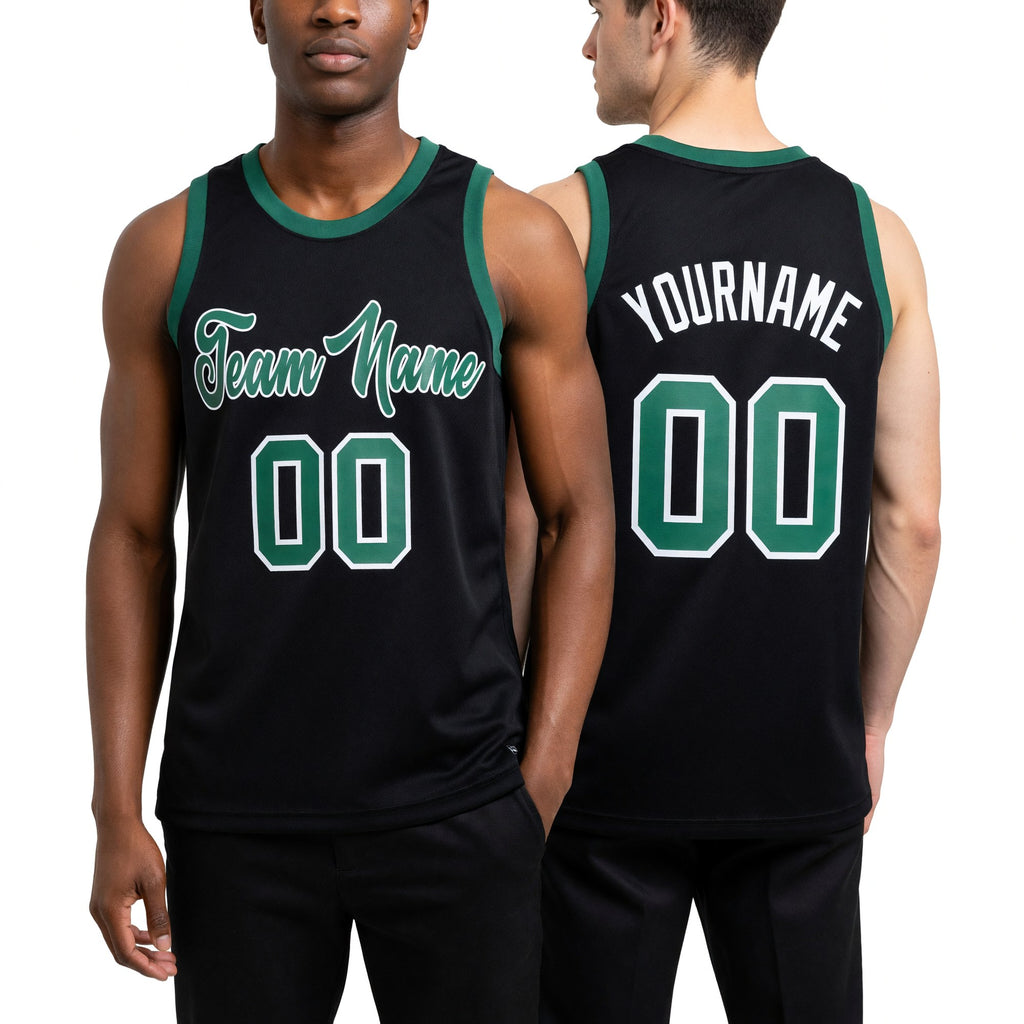 Custom Black Kelly Green-White Authentic Throwback Basketball Jersey worn front and back