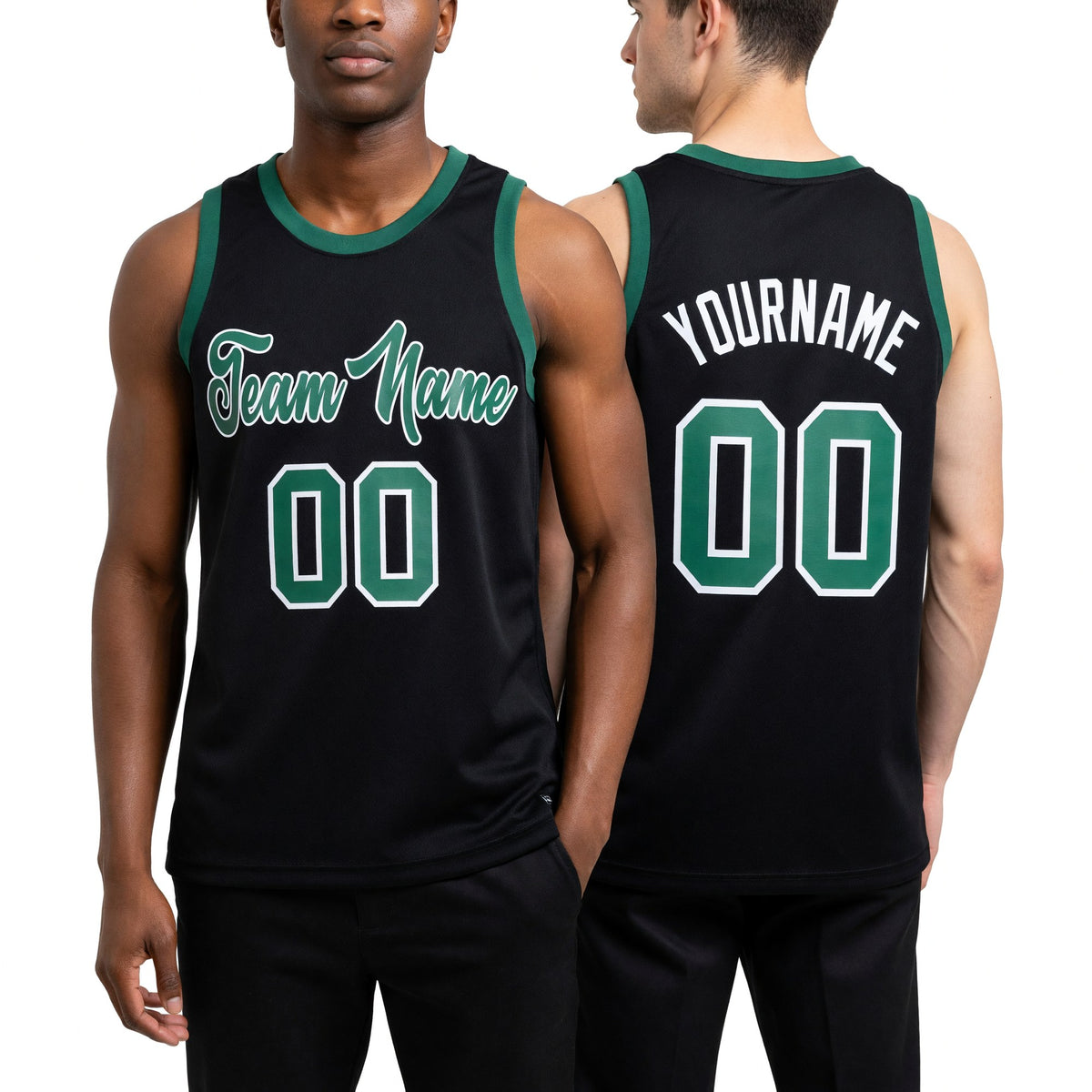 Custom Black Kelly Green-White Authentic Throwback Basketball Jersey worn front and back