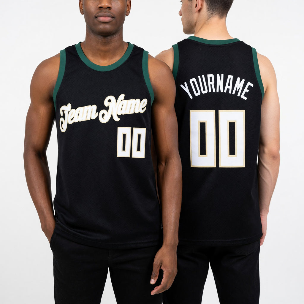 Custom Black White-Hunter Green Authentic Throwback Basketball Jersey worn front and back