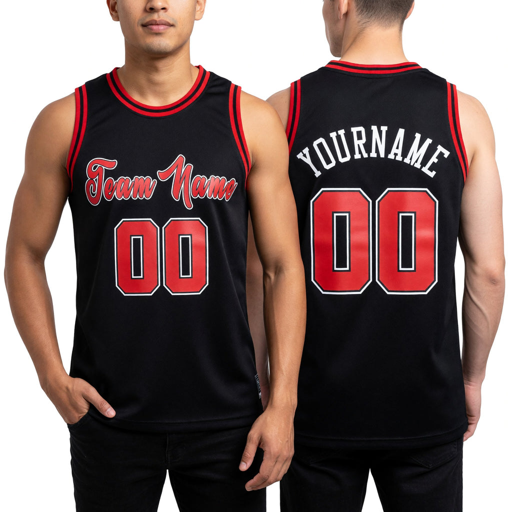 Custom Black Red-White Authentic Throwback Basketball Jersey worn front and back