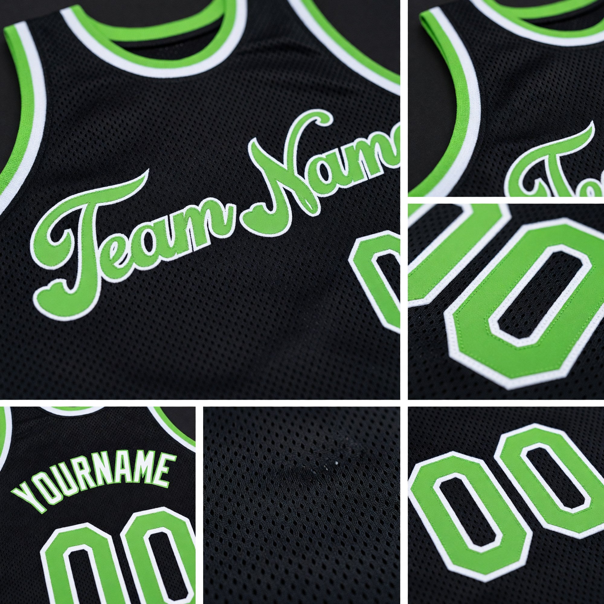 Custom Black Neon Green-White Authentic Throwback Basketball Jersey detail