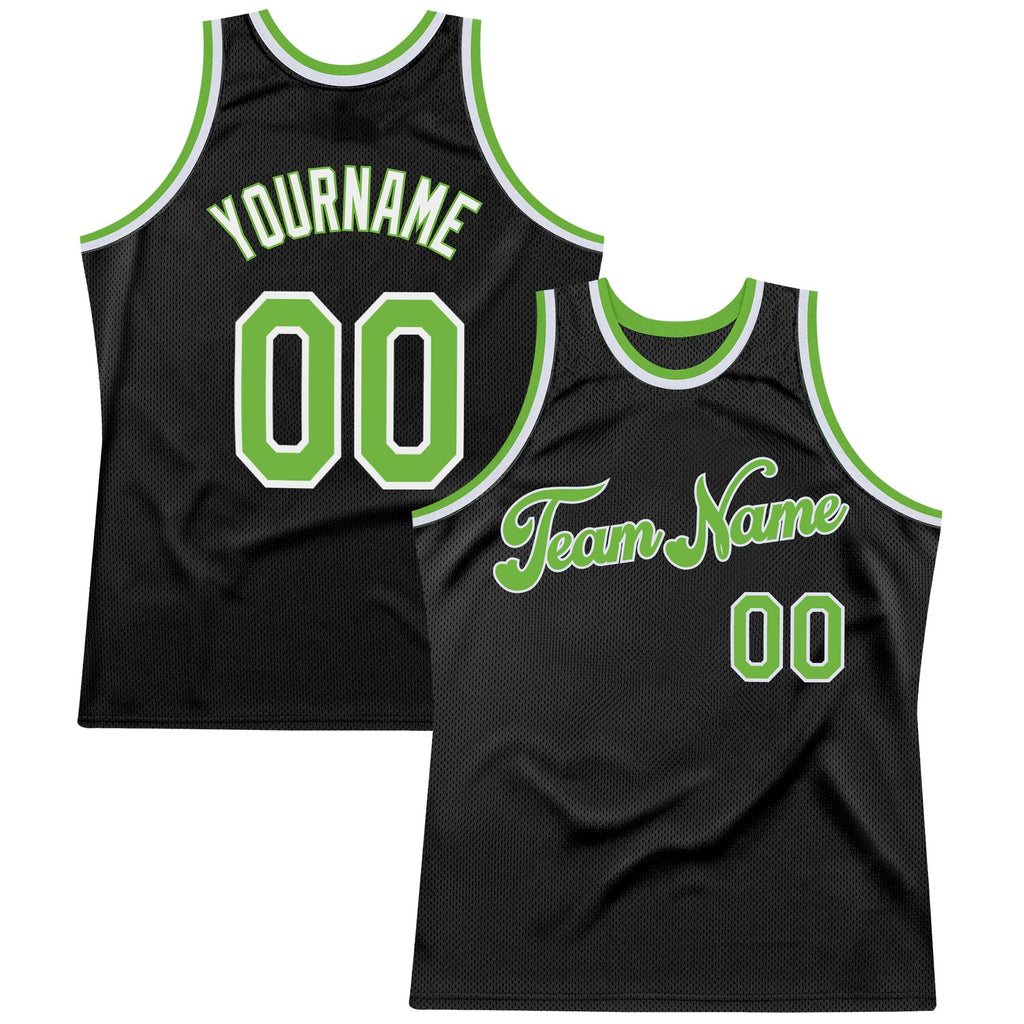 Custom Black Neon Green-White Authentic Throwback Basketball Jersey photo 1