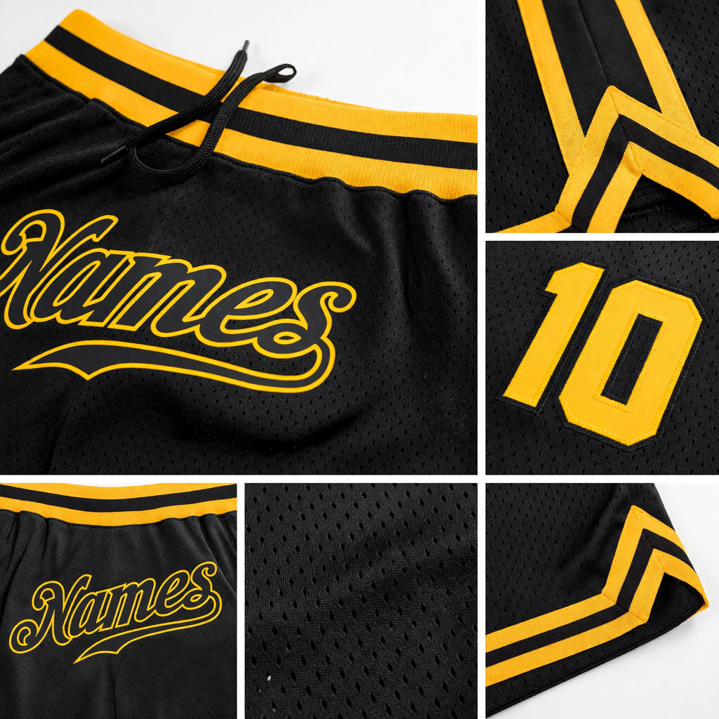 Custom Black Black-Gold Authentic Throwback Basketball Shorts detail