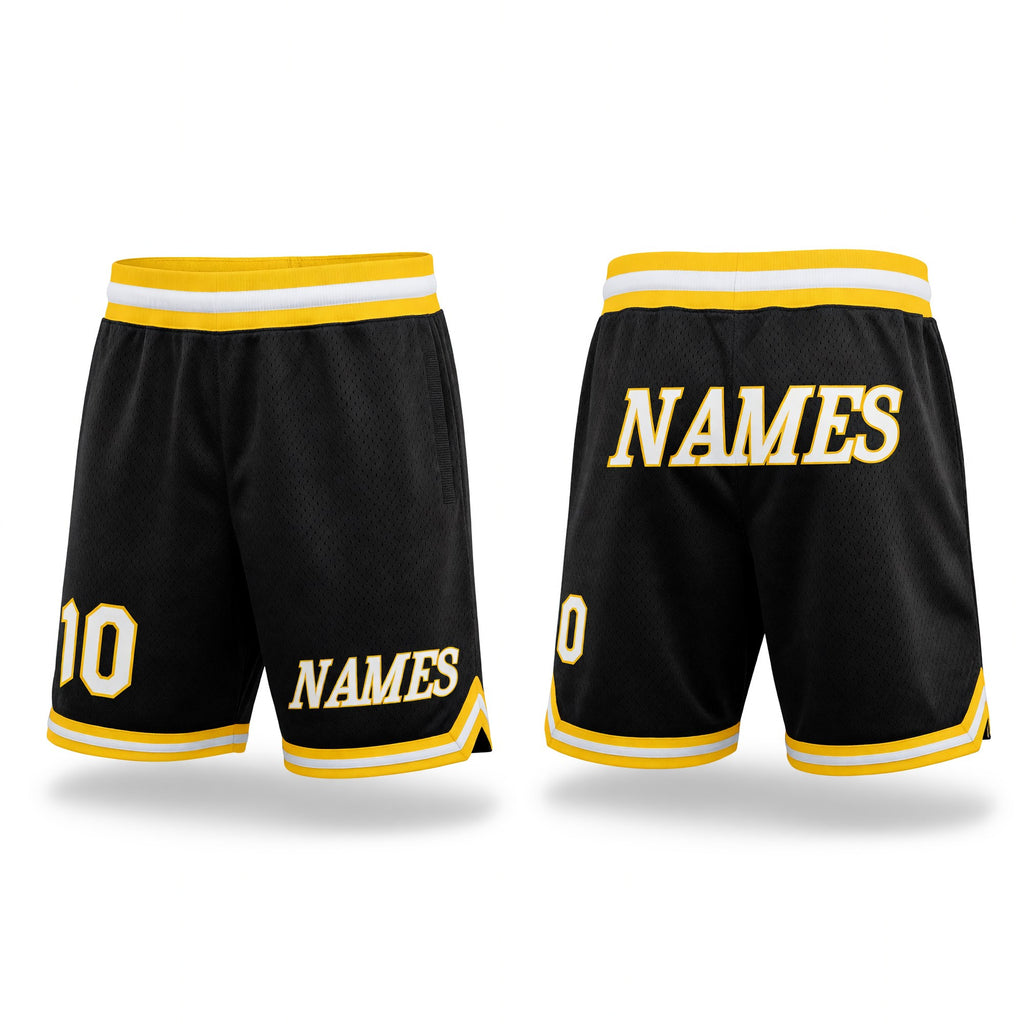 Custom Black White-Gold Authentic Throwback Basketball Shorts