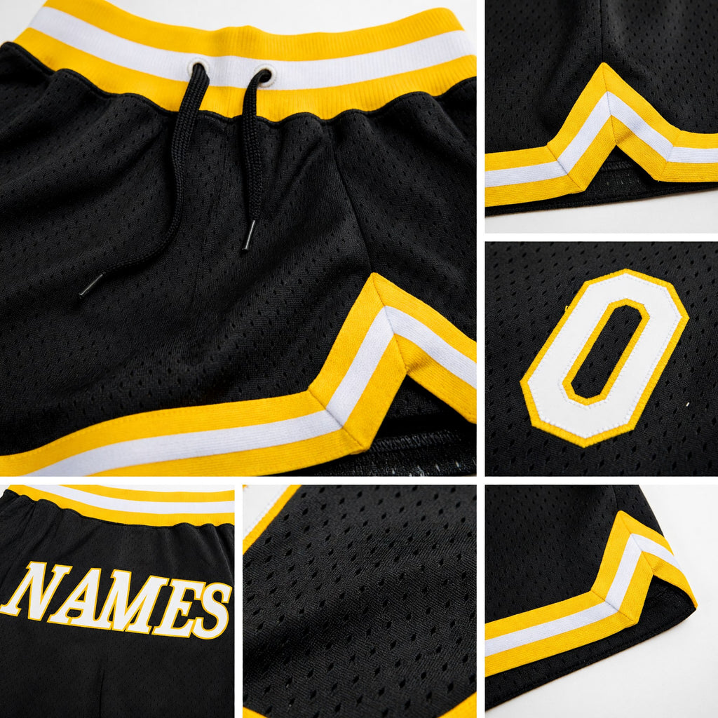 Custom Black White-Gold Authentic Throwback Basketball Shorts detail