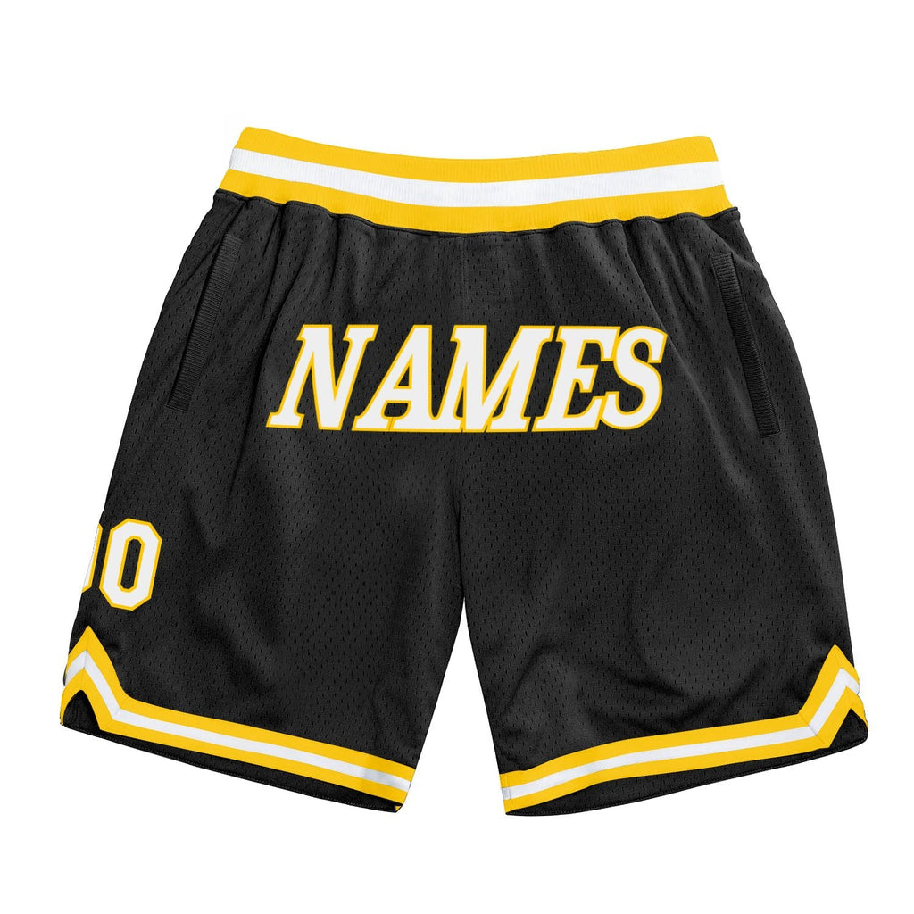 Custom Black White-Gold Authentic Throwback Basketball Shorts photo 1