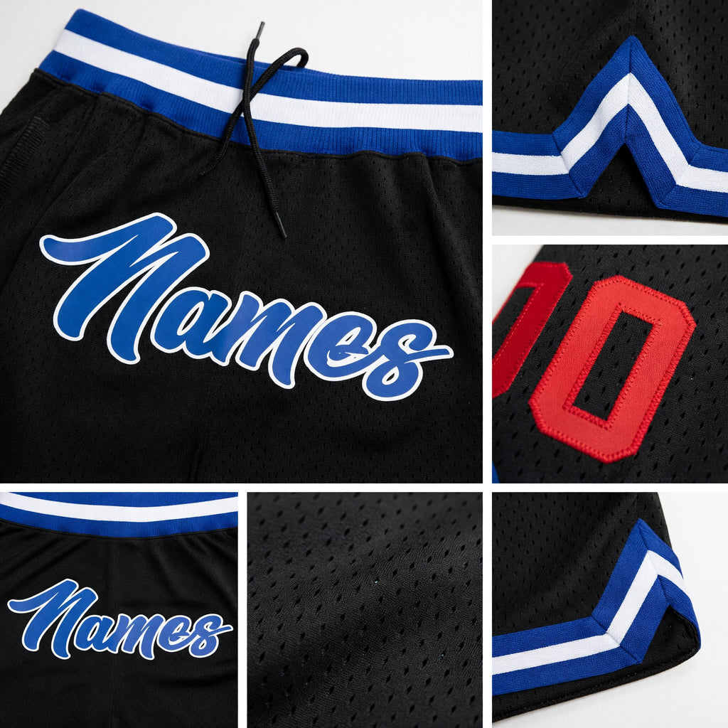 Custom Black Royal-Red Authentic Throwback Basketball Shorts detail