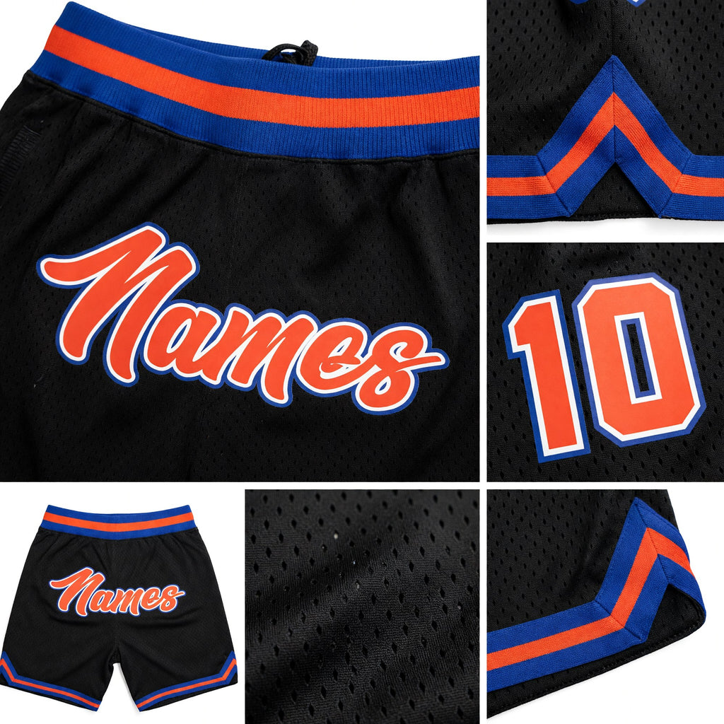 Custom Black Orange-Royal Authentic Throwback Basketball Shorts detail