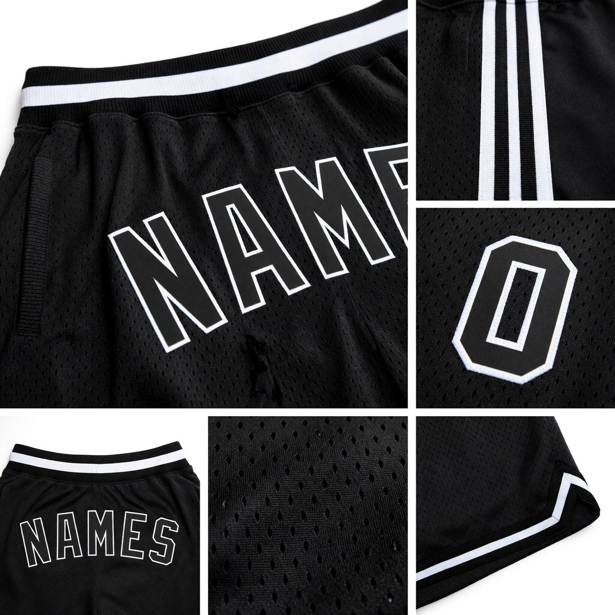 Custom Black Black-White Authentic Throwback Basketball Shorts detail