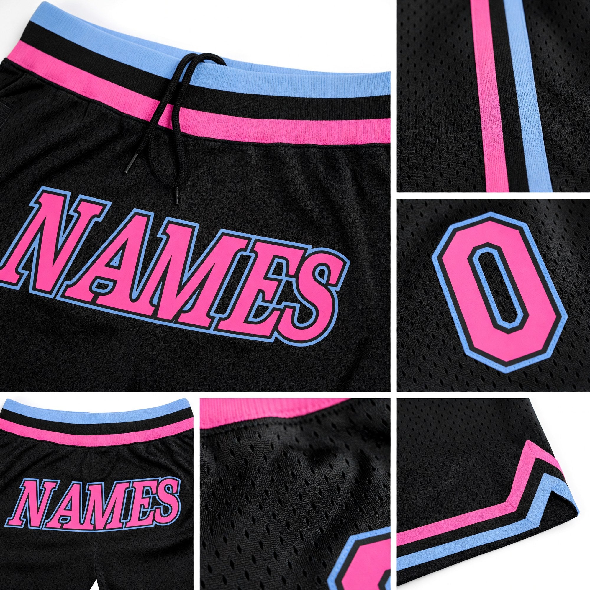 Custom Black Pink-Light Blue Authentic Throwback Basketball Shorts detail