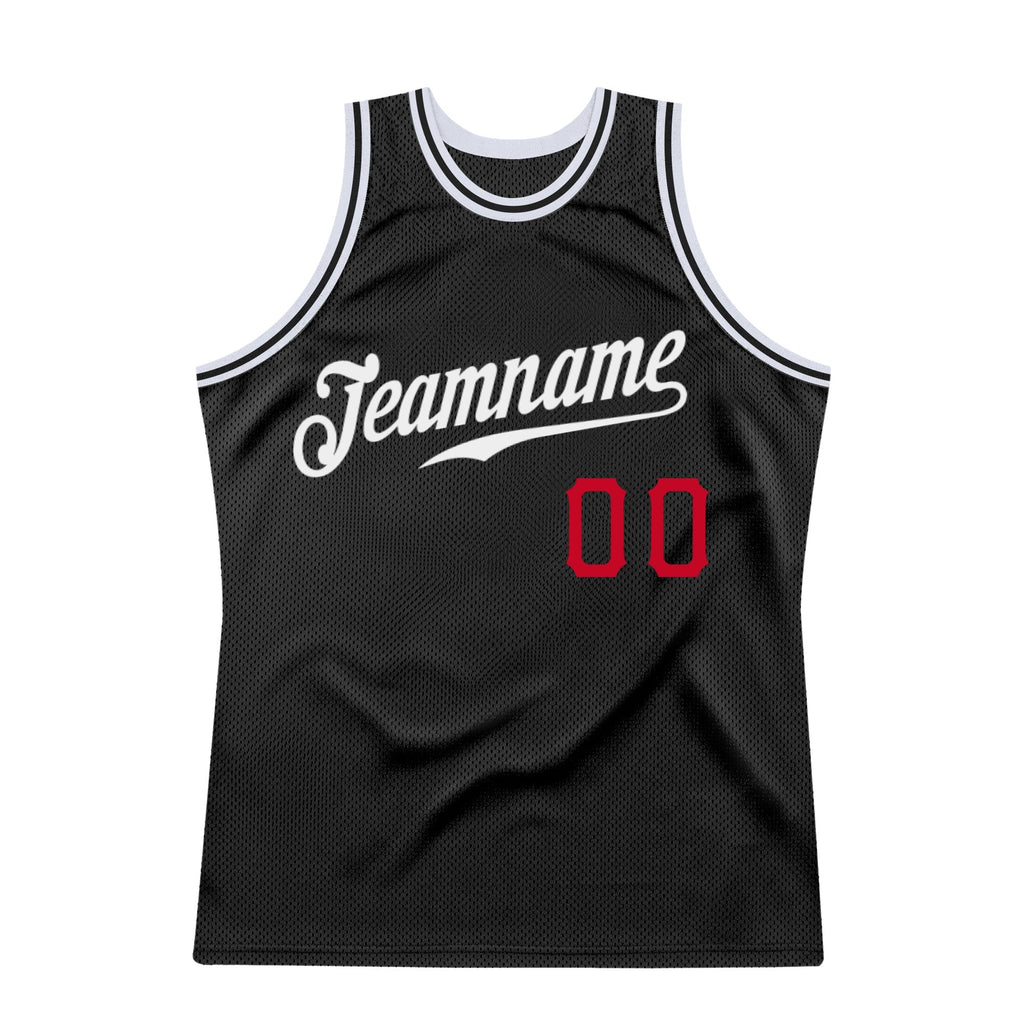Custom Black White-Red Authentic Throwback Basketball Jersey photo 5