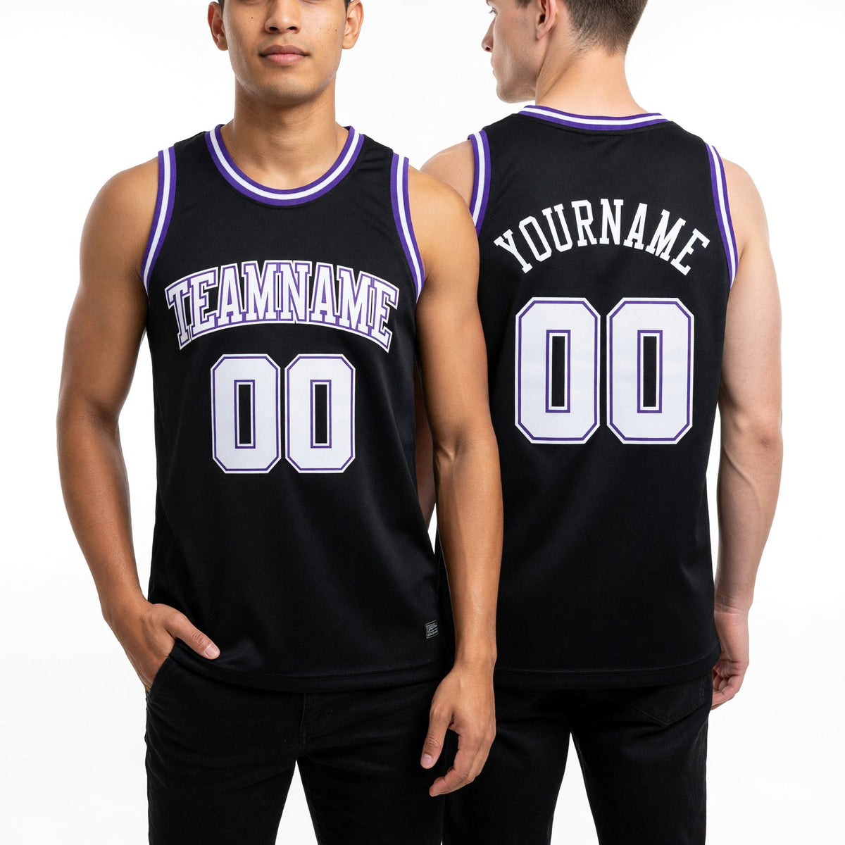 Custom Black White-Purple Authentic Throwback Basketball Jersey worn front and back
