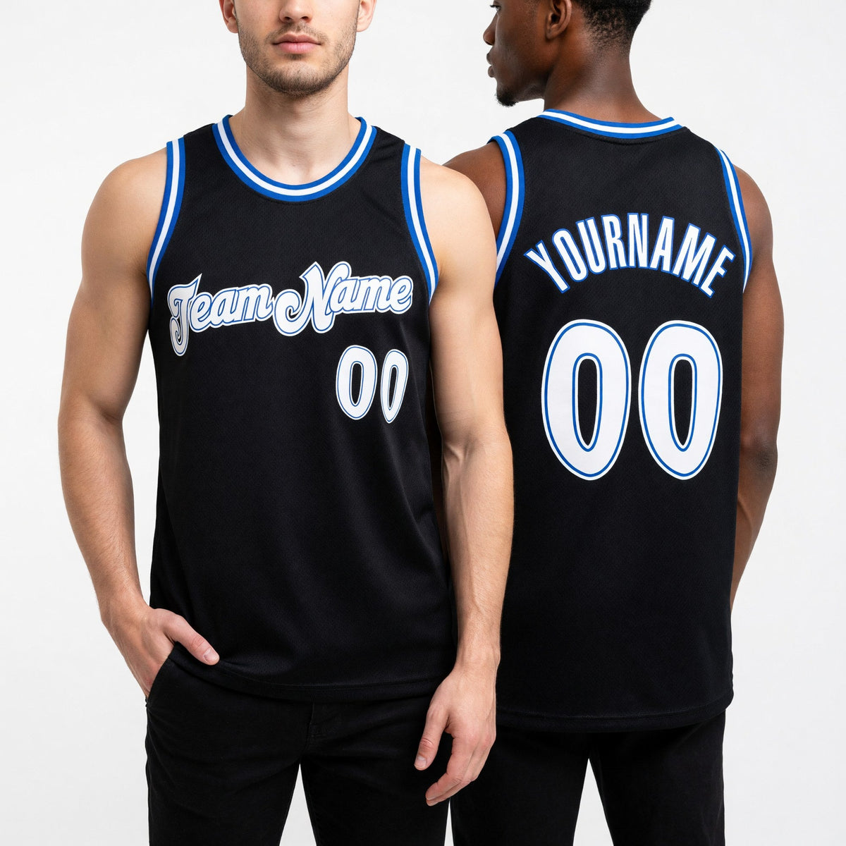 Custom Black White-Royal Authentic Throwback Basketball Jersey worn front and back