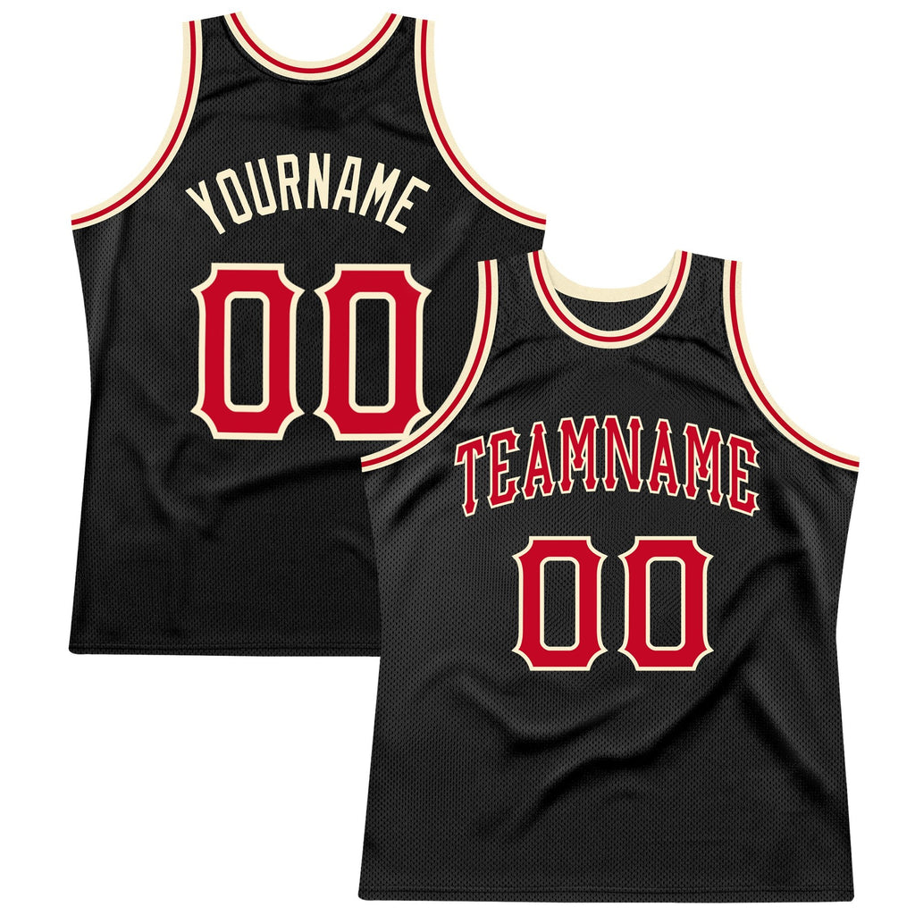 Custom Black Red-Cream Authentic Throwback Basketball Jersey photo 1