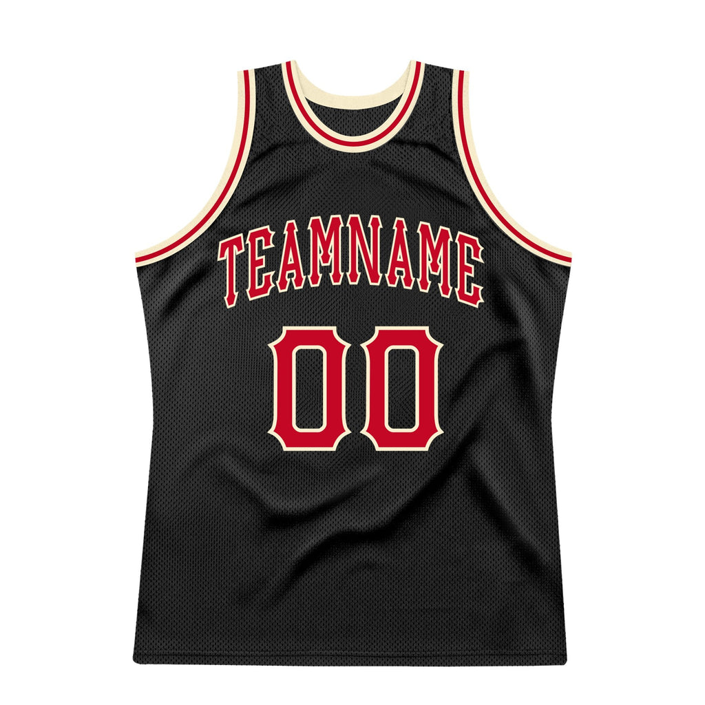 Custom Black Red-Cream Authentic Throwback Basketball Jersey photo 4