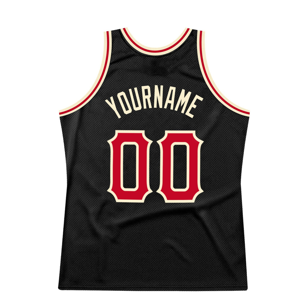 Custom Black Red-Cream Authentic Throwback Basketball Jersey photo 5
