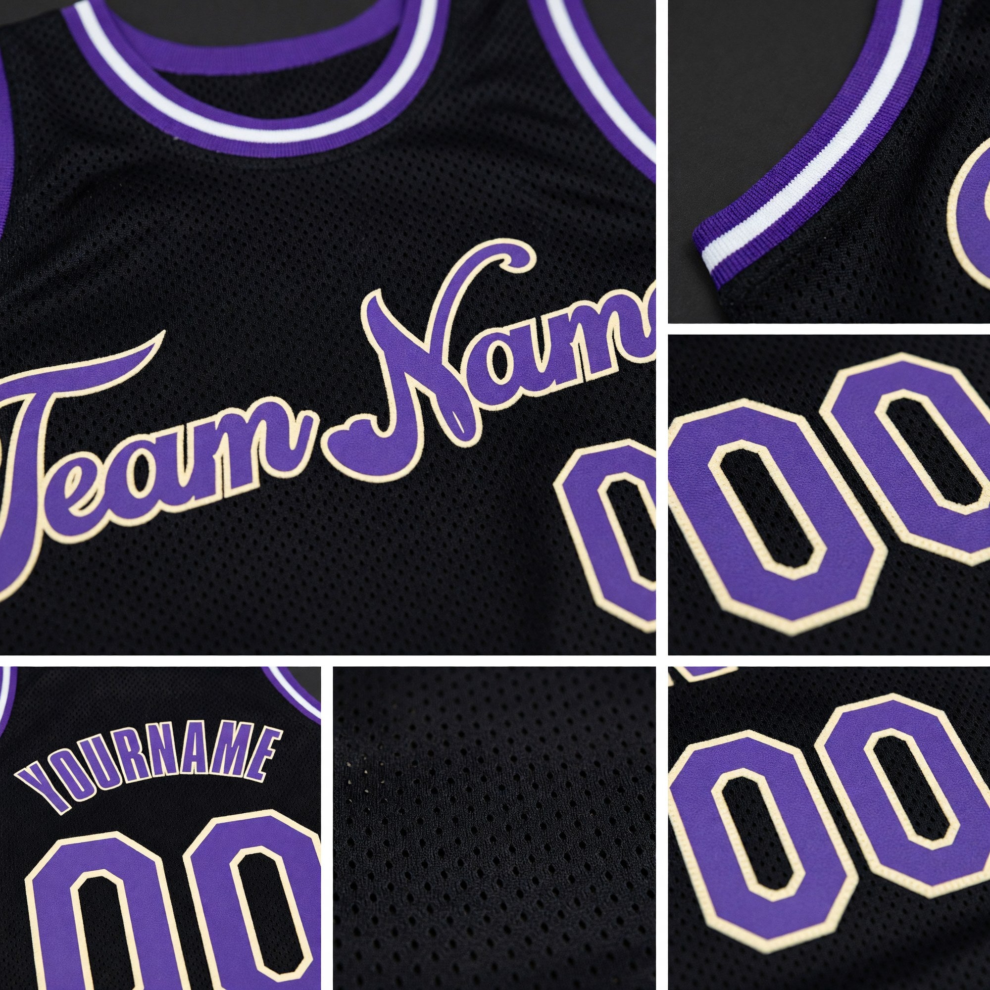 Custom Black Purple-Cream Authentic Throwback Basketball Jersey detail