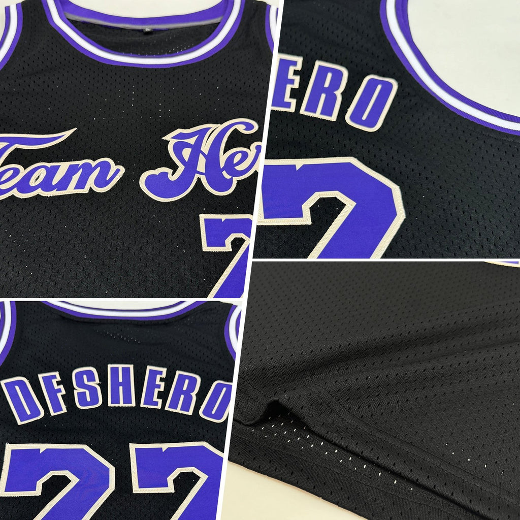 Custom Black Purple-Cream Authentic Throwback Basketball Jersey photo 2