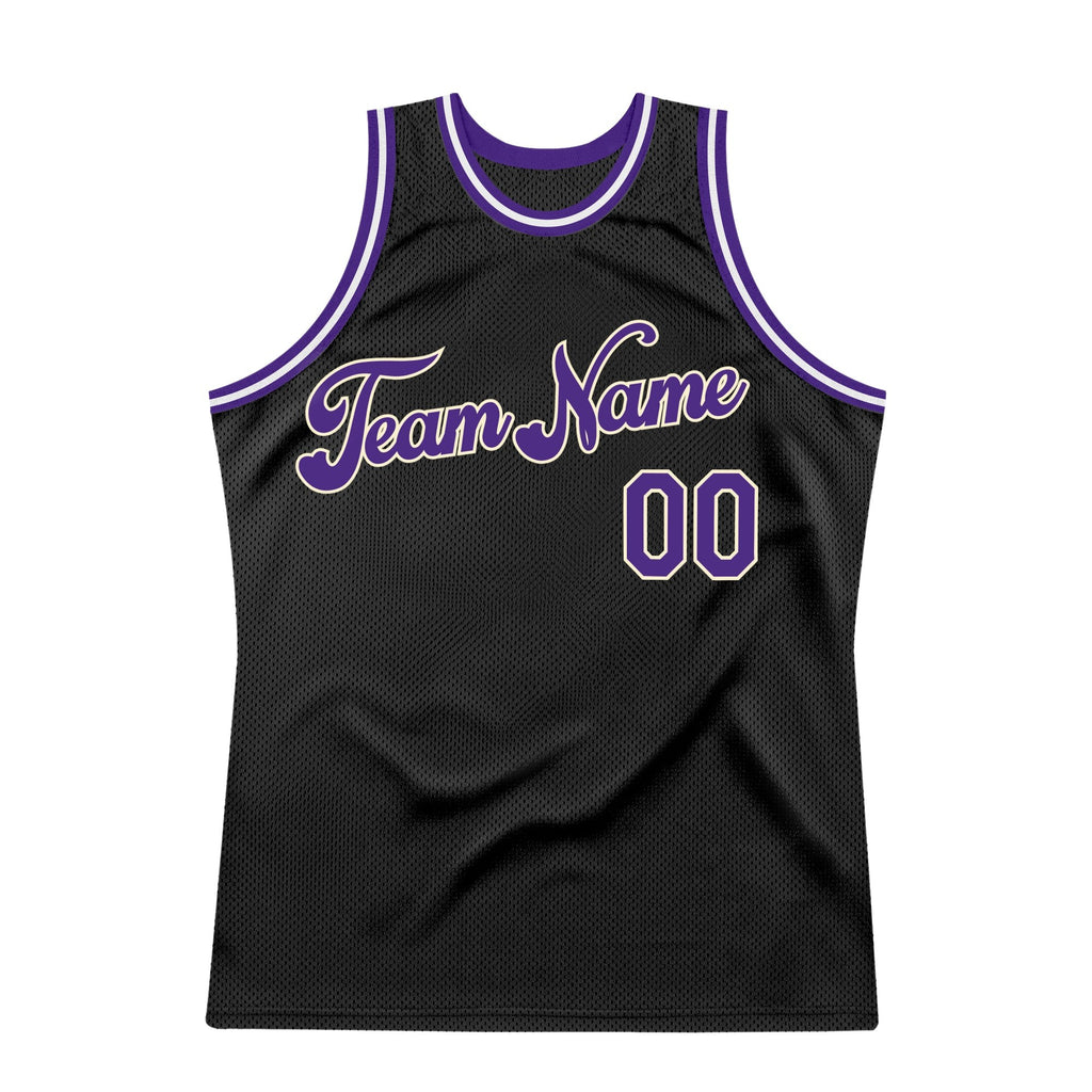 Custom Black Purple-Cream Authentic Throwback Basketball Jersey photo 5