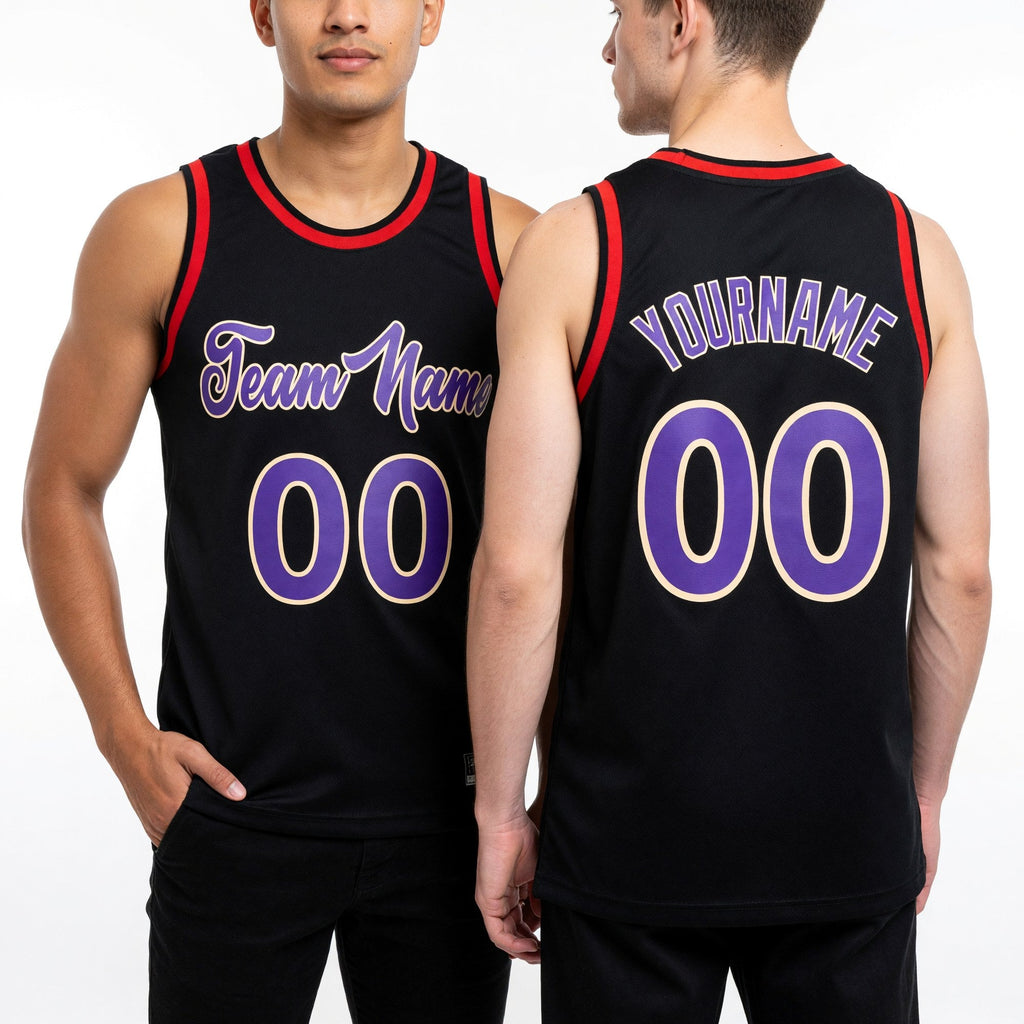 Custom Black Purple-Red Authentic Throwback Basketball Jersey worn front and back