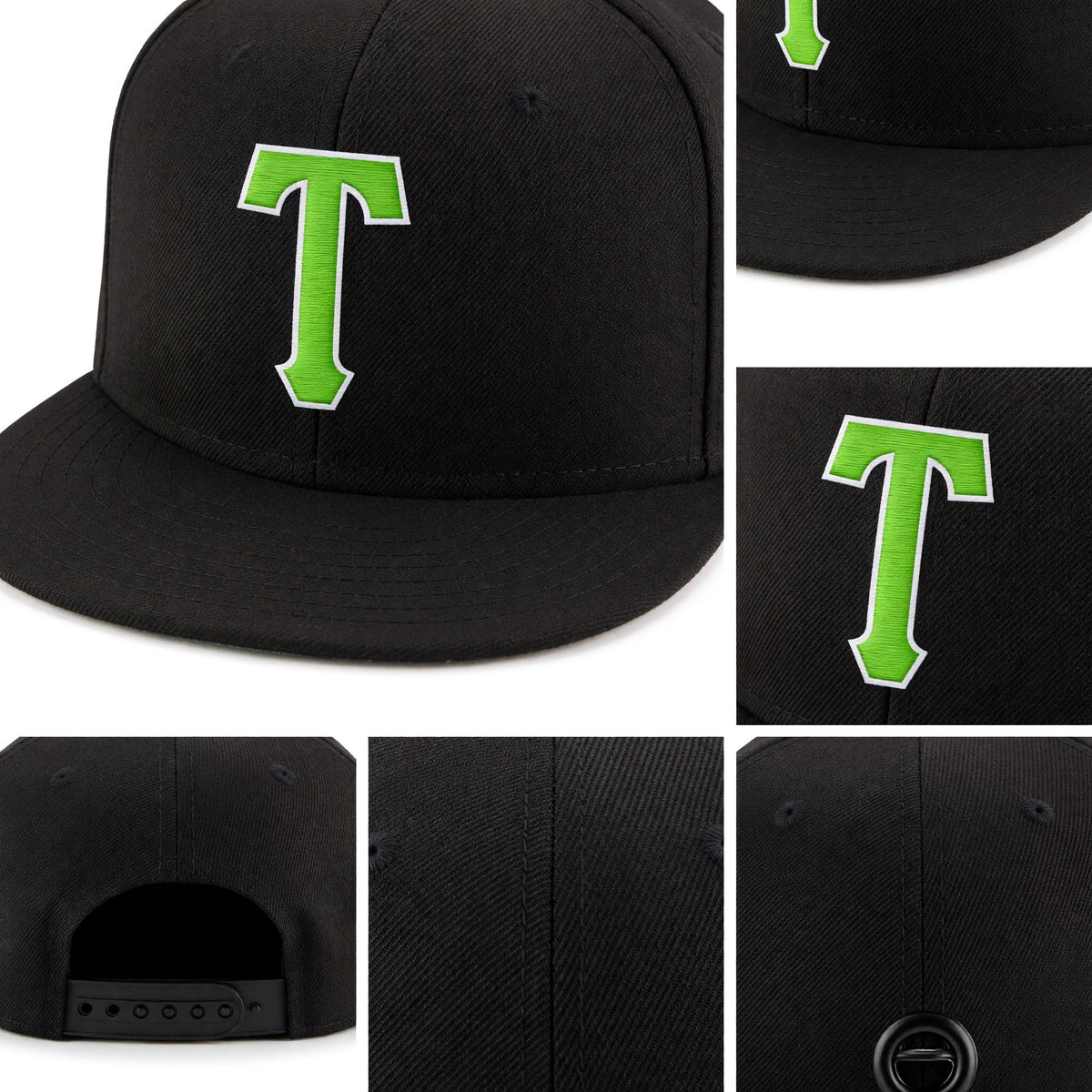 Custom Black Neon Green-White Stitched Adjustable Snapback Hat detail