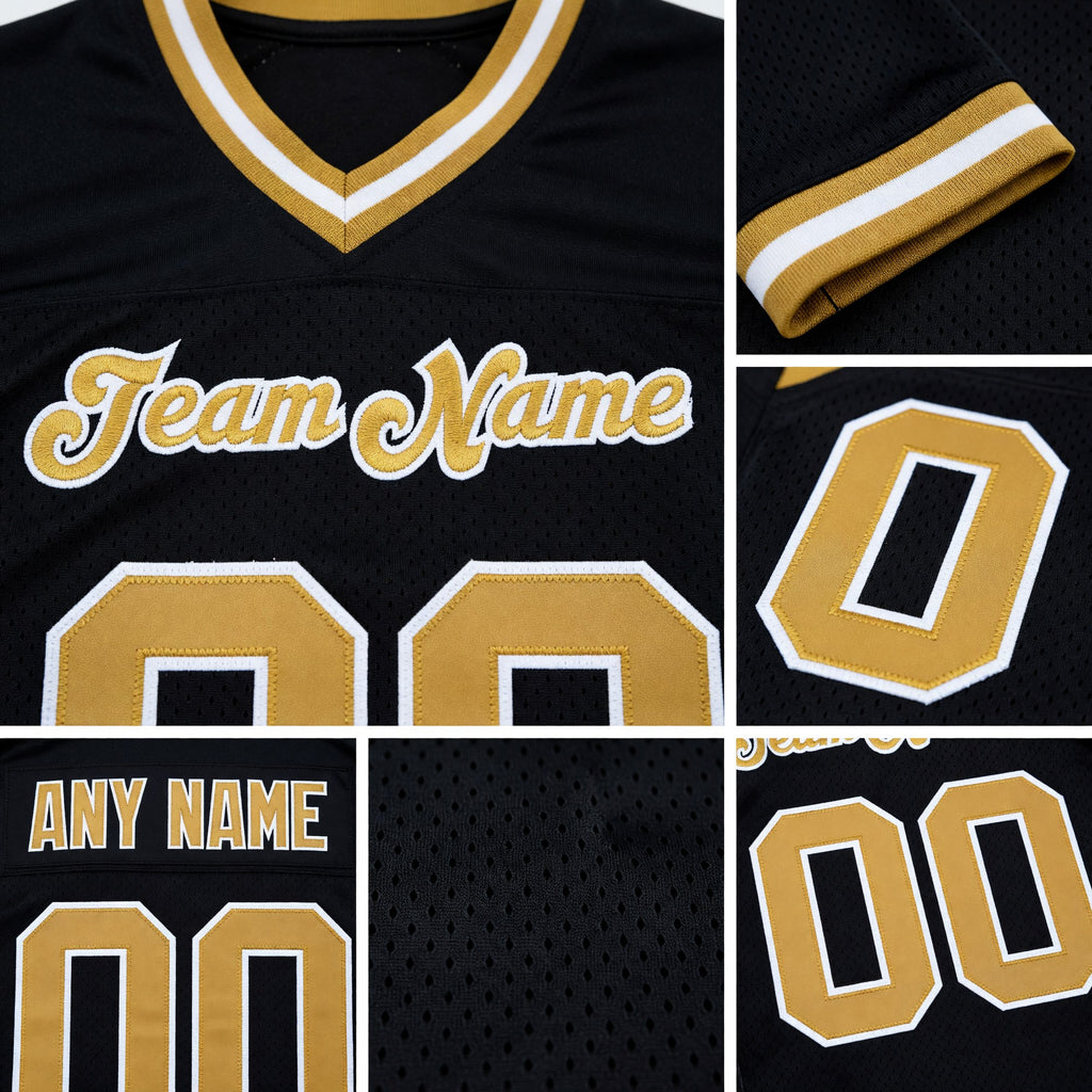 Custom Black Old Gold-White Mesh Authentic Throwback Football Jersey detail