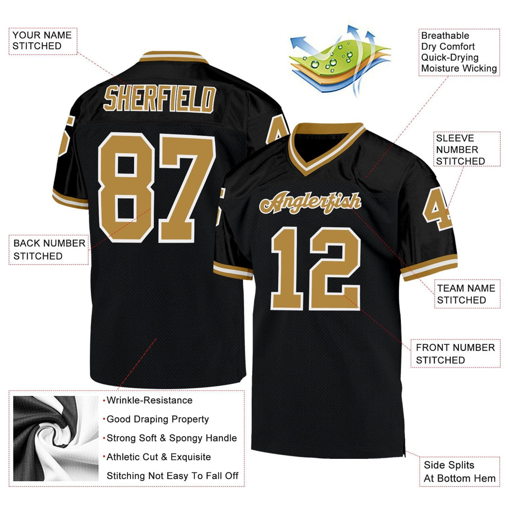 Custom Black Old Gold-White Mesh Authentic Throwback Football Jersey photo 4