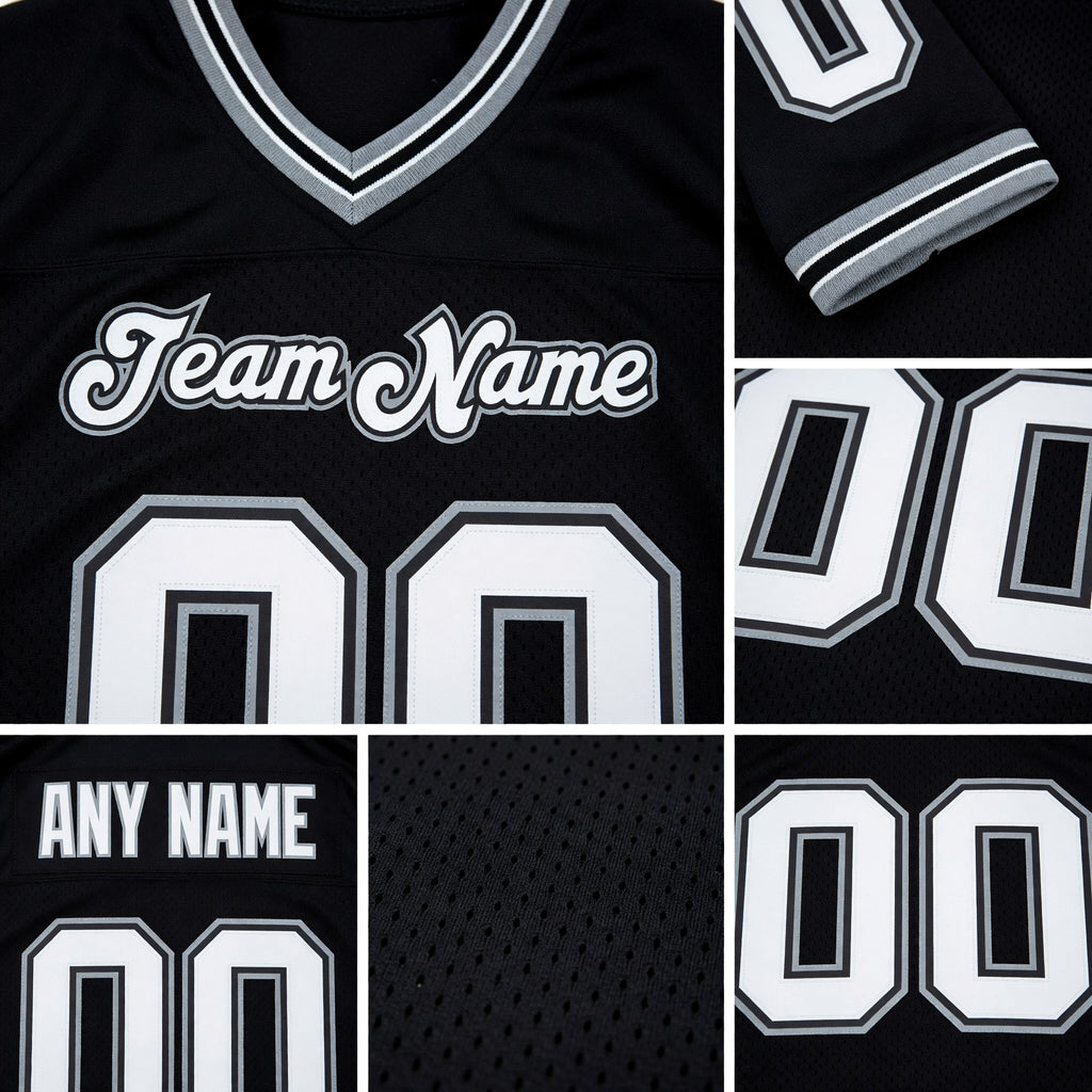 Custom Black White-Gray Mesh Authentic Throwback Football Jersey detail
