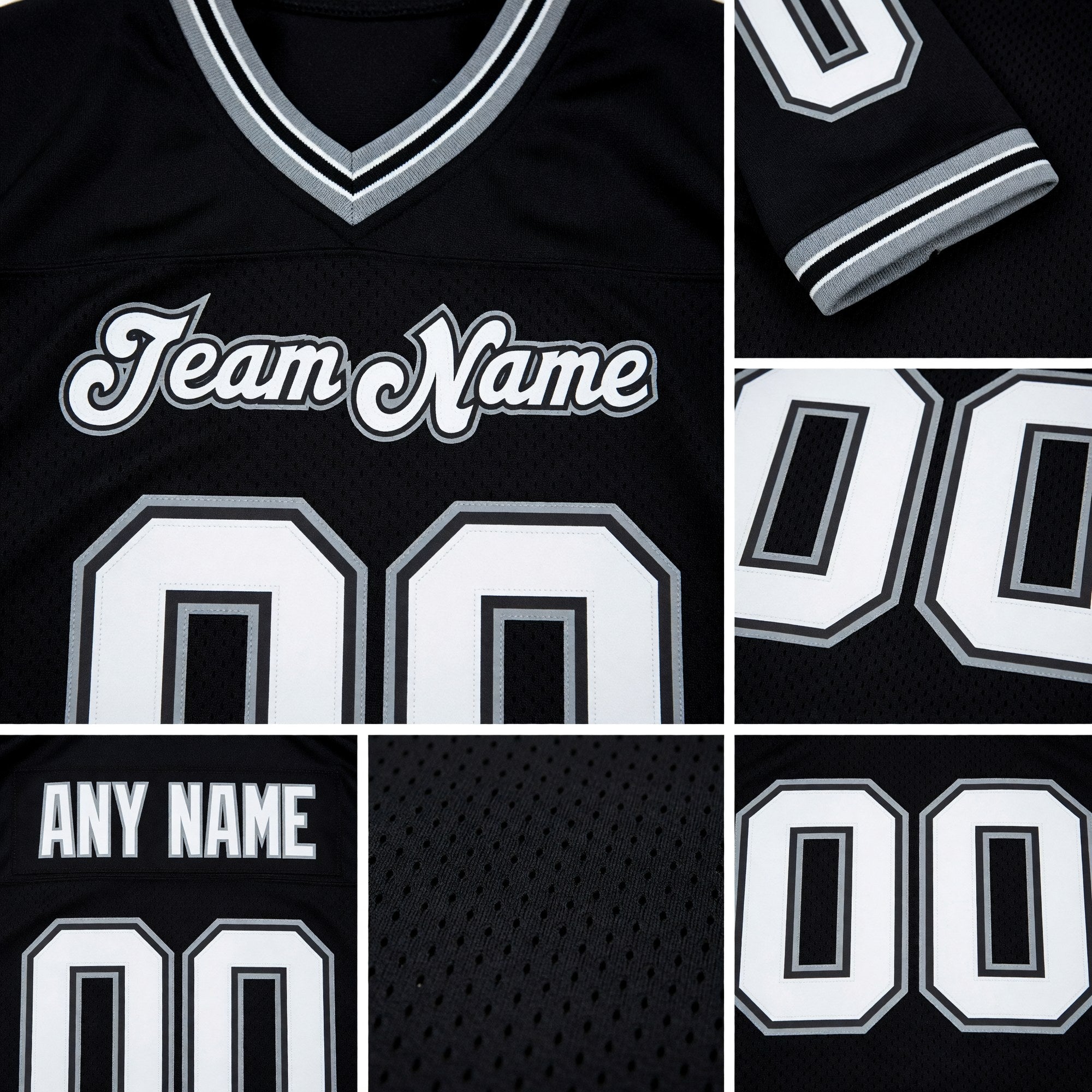 Custom Black White-Gray Mesh Authentic Throwback Football Jersey detail