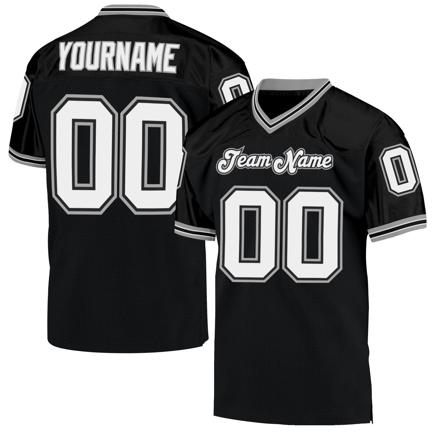 Custom Black White-Gray Mesh Authentic Throwback Football Jersey photo 1