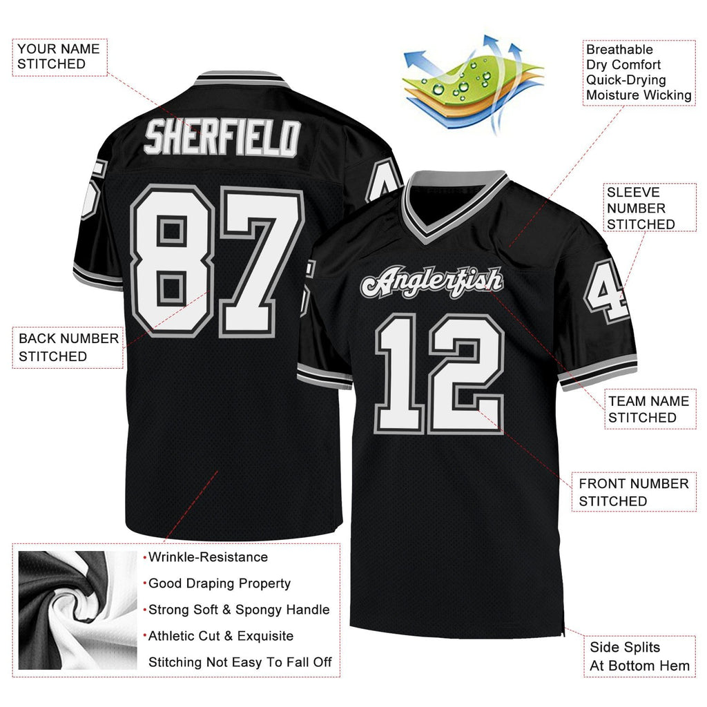 Custom Black White-Gray Mesh Authentic Throwback Football Jersey photo 4