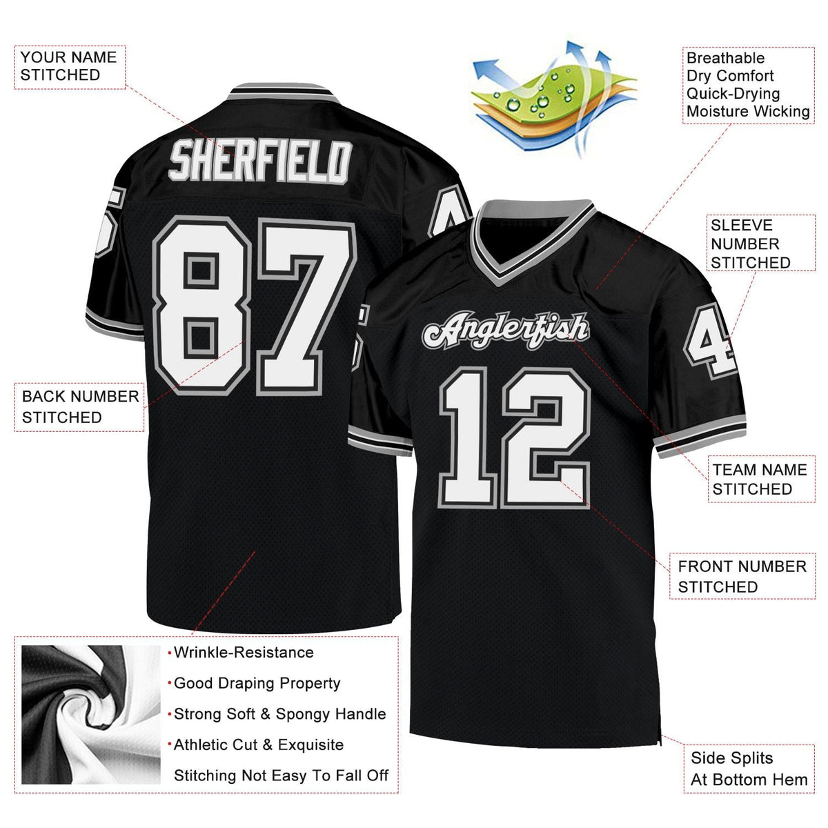 Custom Black White-Gray Mesh Authentic Throwback Football Jersey photo 4