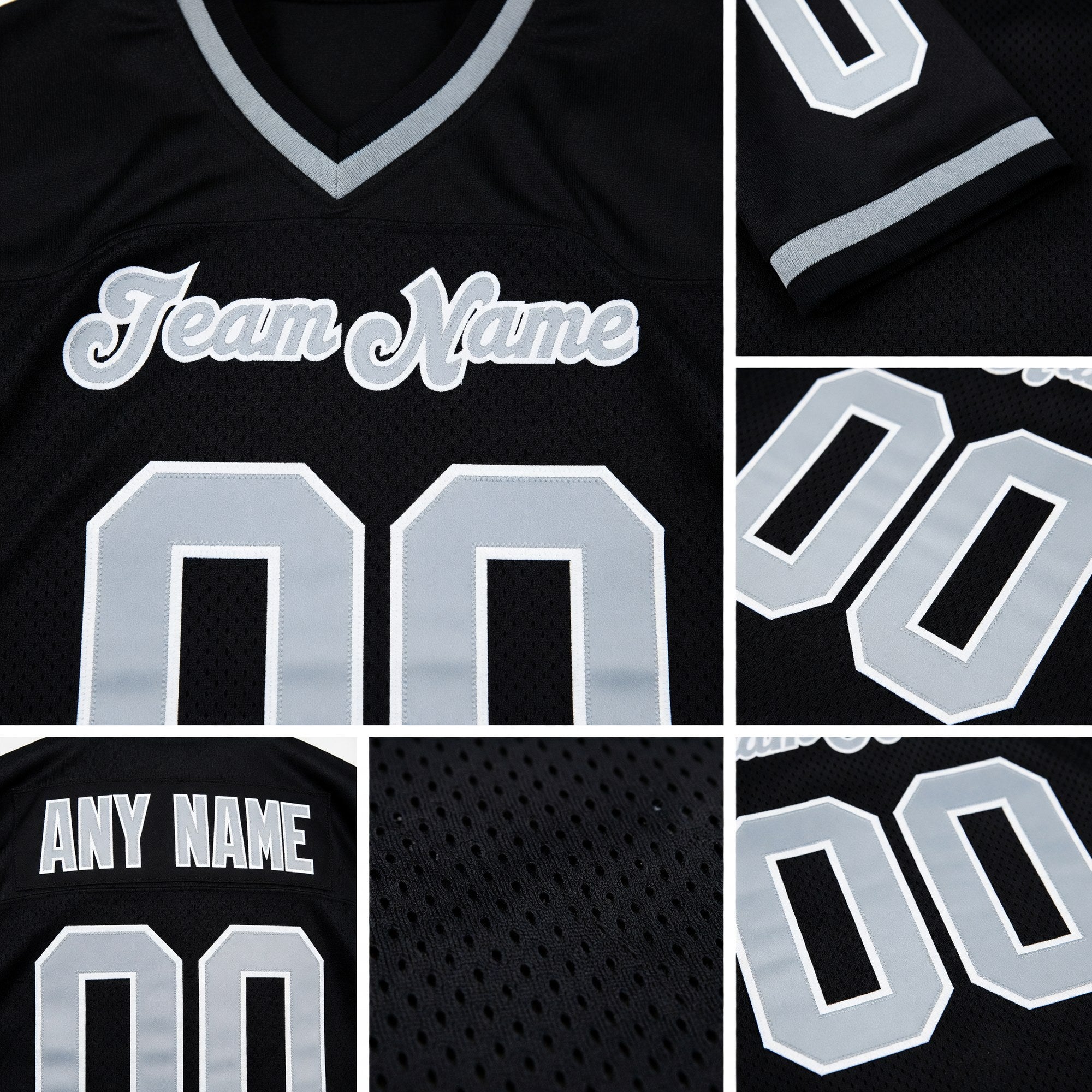 Custom Black Silver-White Mesh Authentic Throwback Football Jersey detail