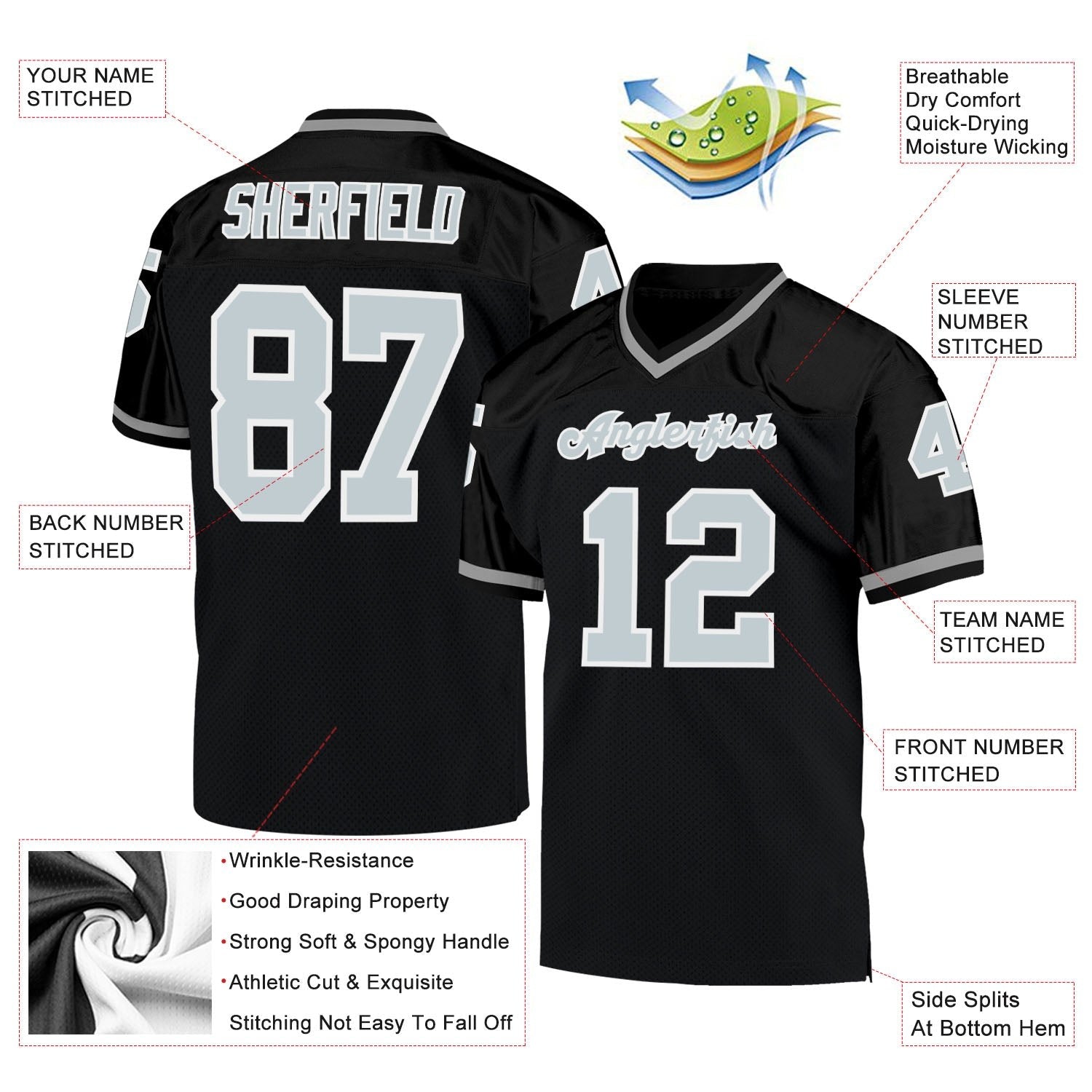 Custom Black Silver-White Mesh Authentic Throwback Football Jersey photo 4